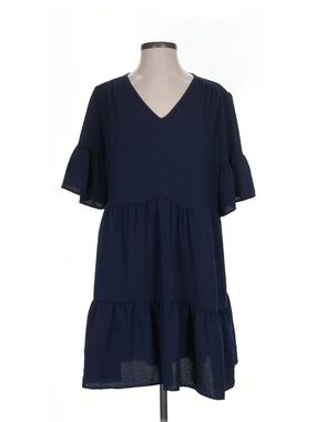 Dark Blue V-Neck Tiered Flutter-Sleeve Dress